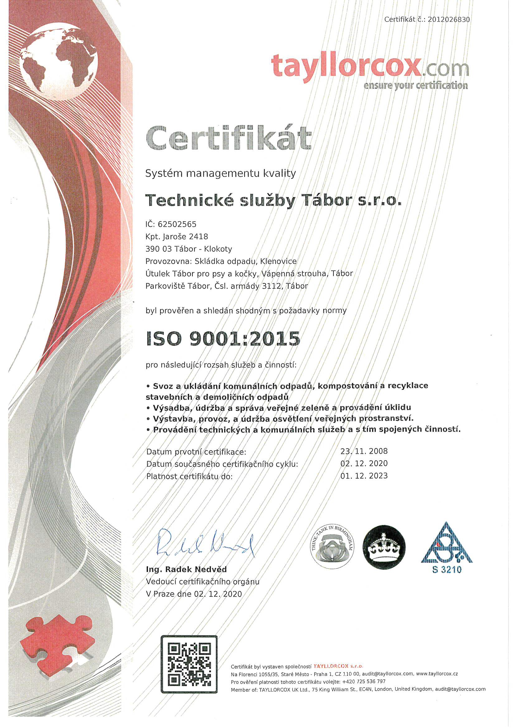 Certifikát Systém managementu bezpečnosti a ochrany zdraví při práci ISO 45001-2018